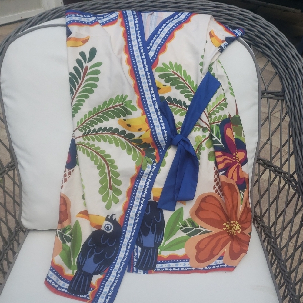 💙Colorful Tropical Print Wrap Dress (M)